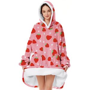 wearable blanket with plush pockets, oversized sherpa thick warm hoodie blanket big sweatshirt, gifts for women men sweet strawberry