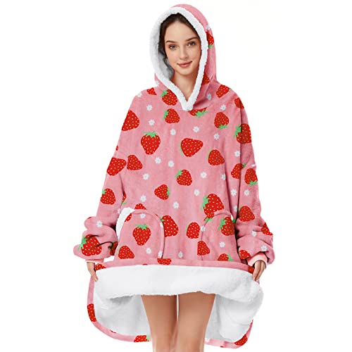 Wearable Blanket with Plush Pockets, Oversized Sherpa Thick Warm Hoodie Blanket Big Sweatshirt, Gifts for Women Men Sweet Strawberry