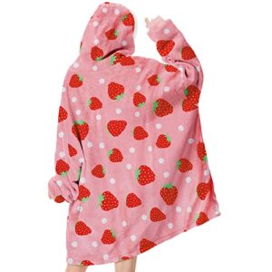 Wearable Blanket with Plush Pockets, Oversized Sherpa Thick Warm Hoodie Blanket Big Sweatshirt, Gifts for Women Men Sweet Strawberry