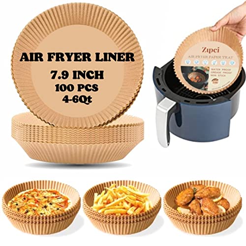 Zupci Air Fryer Liners Round - 100 Pcs 7.9 Inch Disposable Paper Dryer Liners for 4 to 6 Qt Basket - Paper Liner for Air Fryer Basket- Non-stick Oil Air Fryer Liner Round- Water Proof Parchment Paper