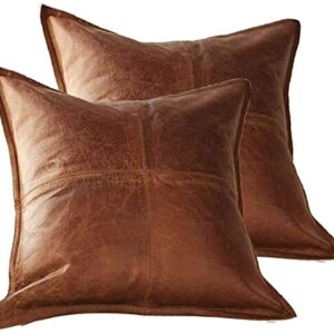 QAWACH Lambskin Leather Pillow Cover - Sofa Cushion Case - Decorative Throw Covers for Living Room & Bedroom, 16 x 16 Inches - Tan Antique Box Pack of 2