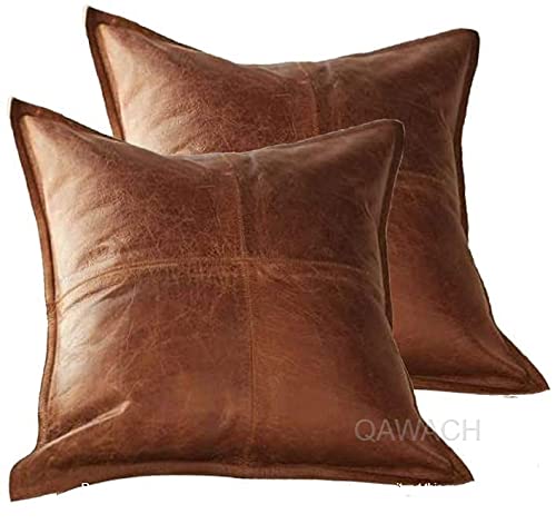 QAWACH Lambskin Leather Pillow Cover - Sofa Cushion Case - Decorative Throw Covers for Living Room & Bedroom, 16 x 16 Inches - Tan Antique Box Pack of 2