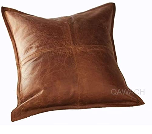 QAWACH Lambskin Leather Pillow Cover - Sofa Cushion Case - Decorative Throw Covers for Living Room & Bedroom, 16 x 16 Inches - Tan Antique Box Pack of 2