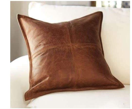 QAWACH Lambskin Leather Pillow Cover - Sofa Cushion Case - Decorative Throw Covers for Living Room & Bedroom, 16 x 16 Inches - Tan Antique Box Pack of 2