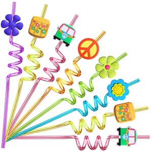 24 60's hippie theme party favors retro flower cutouts peace drinking straws for 60s groovy party supplies tie dye birthday party supplies with 2 pcs straws cleaning brush