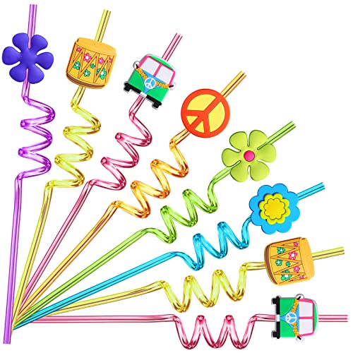 24 60's Hippie Theme Party Favors Retro Flower Cutouts Peace Drinking Straws for 60s Groovy Party Supplies Tie Dye Birthday Party Supplies with 2 PCS Straws Cleaning Brush