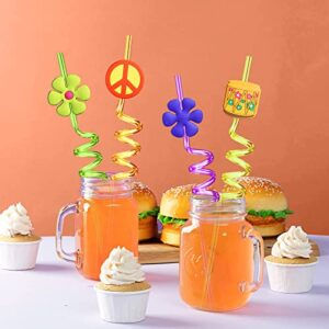 24 60's Hippie Theme Party Favors Retro Flower Cutouts Peace Drinking Straws for 60s Groovy Party Supplies Tie Dye Birthday Party Supplies with 2 PCS Straws Cleaning Brush