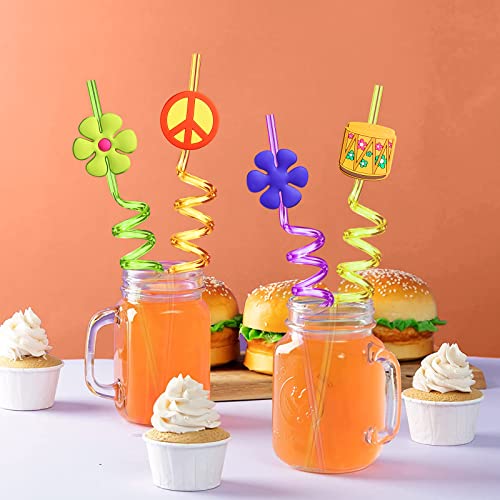 24 60's Hippie Theme Party Favors Retro Flower Cutouts Peace Drinking Straws for 60s Groovy Party Supplies Tie Dye Birthday Party Supplies with 2 PCS Straws Cleaning Brush