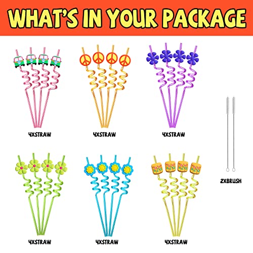 24 60's Hippie Theme Party Favors Retro Flower Cutouts Peace Drinking Straws for 60s Groovy Party Supplies Tie Dye Birthday Party Supplies with 2 PCS Straws Cleaning Brush