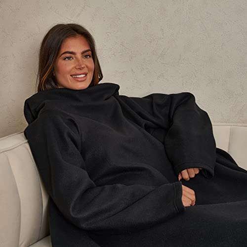 OHS Wearable Blanket Adult with Sleeves Arms Large Fleece Plush Comfy Blanket Wrap Throw Robe, Hug Sleep Gift for Women Men Unisex, Full Body Blanket, Black