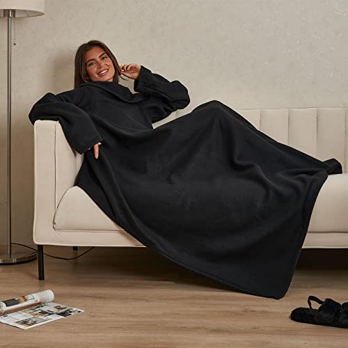 OHS Wearable Blanket Adult with Sleeves Arms Large Fleece Plush Comfy Blanket Wrap Throw Robe, Hug Sleep Gift for Women Men Unisex, Full Body Blanket, Black