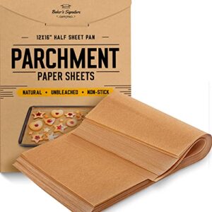 parchment paper baking sheets by baker's signature | precut non-stick & unbleached - will not curl or burn - non-toxic & comes in convenient packaging - 12x16 inch pack of 120