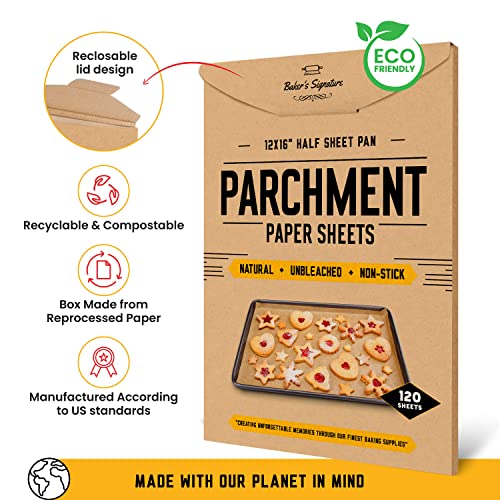 Parchment Paper Baking Sheets by Baker's Signature | Precut Non-Stick & Unbleached - Will Not Curl or Burn - Non-Toxic & Comes in Convenient Packaging - 12x16 Inch Pack of 120