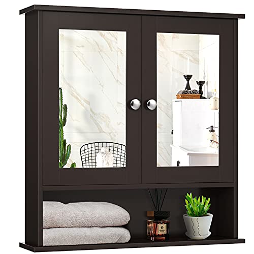 Giantex Bathroom Wall Cabinet with 2 Mirror Doors and Adjustable Shelf, Hanging Wooden Medicine Cabinet Storage Organizer, Bathroom Mirror Cabinet Wall Mounted (Espresso)