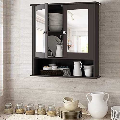 Giantex Bathroom Wall Cabinet with 2 Mirror Doors and Adjustable Shelf, Hanging Wooden Medicine Cabinet Storage Organizer, Bathroom Mirror Cabinet Wall Mounted (Espresso)