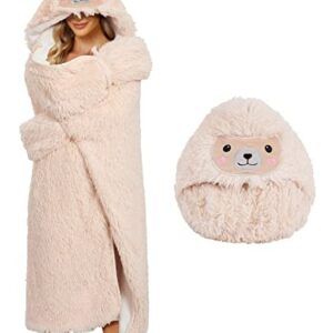 Yusongirl Wearable Hooded Blanket for Adults Super Soft Sherpa Hoodie Throw Winter Warm Fleece Cozy Plush Animal Cape (Alpaca - Beige)