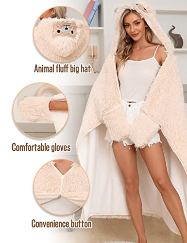 Yusongirl Wearable Hooded Blanket for Adults Super Soft Sherpa Hoodie Throw Winter Warm Fleece Cozy Plush Animal Cape (Alpaca - Beige)