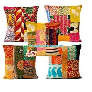 Traditional Bohemian Kantha Ethnic Indian Cotton Antique Decorative Pillow Throw Patchwork Sofa Square Home Décor Vintage Boho Indian Cushion Cover (05 Pcs Set, 20"x20")