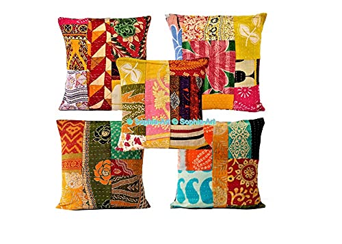 Traditional Bohemian Kantha Ethnic Indian Cotton Antique Decorative Pillow Throw Patchwork Sofa Square Home Décor Vintage Boho Indian Cushion Cover (05 Pcs Set, 20"x20")