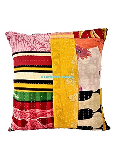 Traditional Bohemian Kantha Ethnic Indian Cotton Antique Decorative Pillow Throw Patchwork Sofa Square Home Décor Vintage Boho Indian Cushion Cover (05 Pcs Set, 20"x20")