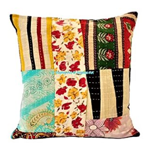 Traditional Bohemian Kantha Ethnic Indian Cotton Antique Decorative Pillow Throw Patchwork Sofa Square Home Décor Vintage Boho Indian Cushion Cover (05 Pcs Set, 20"x20")