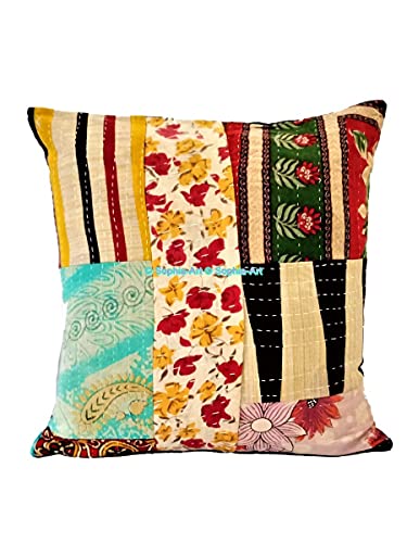 Traditional Bohemian Kantha Ethnic Indian Cotton Antique Decorative Pillow Throw Patchwork Sofa Square Home Décor Vintage Boho Indian Cushion Cover (05 Pcs Set, 20"x20")