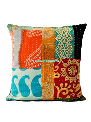 Traditional Bohemian Kantha Ethnic Indian Cotton Antique Decorative Pillow Throw Patchwork Sofa Square Home Décor Vintage Boho Indian Cushion Cover (05 Pcs Set, 20"x20")