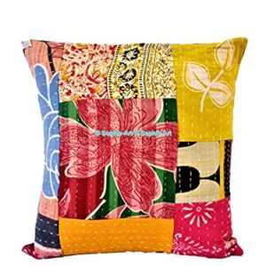 Traditional Bohemian Kantha Ethnic Indian Cotton Antique Decorative Pillow Throw Patchwork Sofa Square Home Décor Vintage Boho Indian Cushion Cover (05 Pcs Set, 20"x20")