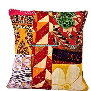 Traditional Bohemian Kantha Ethnic Indian Cotton Antique Decorative Pillow Throw Patchwork Sofa Square Home Décor Vintage Boho Indian Cushion Cover (05 Pcs Set, 20"x20")