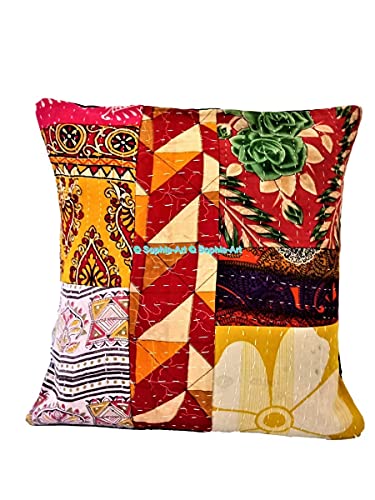 Traditional Bohemian Kantha Ethnic Indian Cotton Antique Decorative Pillow Throw Patchwork Sofa Square Home Décor Vintage Boho Indian Cushion Cover (05 Pcs Set, 20"x20")