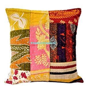 Traditional Bohemian Kantha Ethnic Indian Cotton Antique Decorative Pillow Throw Patchwork Sofa Square Home Décor Vintage Boho Indian Cushion Cover (05 Pcs Set, 20"x20")