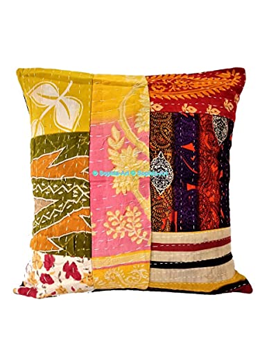 Traditional Bohemian Kantha Ethnic Indian Cotton Antique Decorative Pillow Throw Patchwork Sofa Square Home Décor Vintage Boho Indian Cushion Cover (05 Pcs Set, 20"x20")