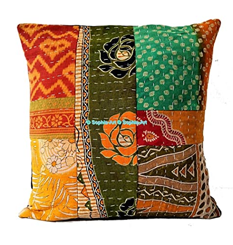 Traditional Bohemian Kantha Ethnic Indian Cotton Antique Decorative Pillow Throw Patchwork Sofa Square Home Décor Vintage Boho Indian Cushion Cover (05 Pcs Set, 20"x20")