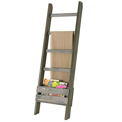 MyGift Vintage Gray Solid Wood Blanket Ladder with 4 Rung and Magazine Holder, Wall Leaning Bathroom Towel Rack with Storage Shelf