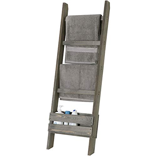 MyGift Vintage Gray Solid Wood Blanket Ladder with 4 Rung and Magazine Holder, Wall Leaning Bathroom Towel Rack with Storage Shelf