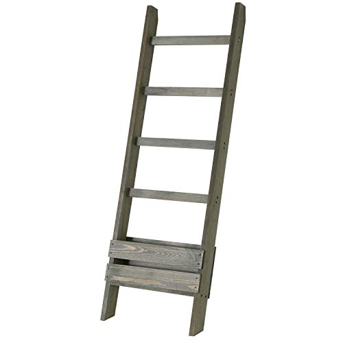 MyGift Vintage Gray Solid Wood Blanket Ladder with 4 Rung and Magazine Holder, Wall Leaning Bathroom Towel Rack with Storage Shelf