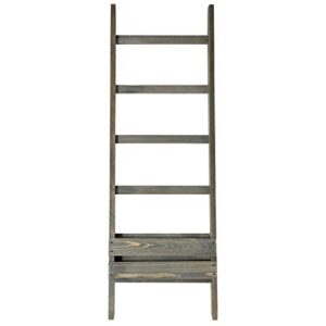 MyGift Vintage Gray Solid Wood Blanket Ladder with 4 Rung and Magazine Holder, Wall Leaning Bathroom Towel Rack with Storage Shelf