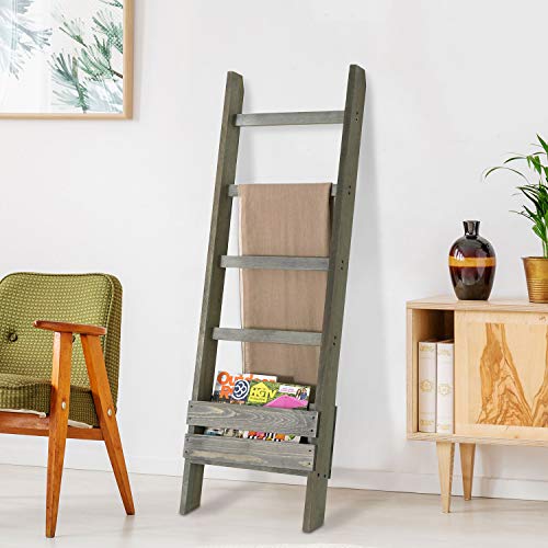 MyGift Vintage Gray Solid Wood Blanket Ladder with 4 Rung and Magazine Holder, Wall Leaning Bathroom Towel Rack with Storage Shelf