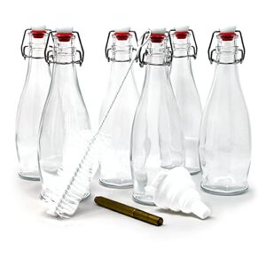 nevlers set of 6 | 17 oz glass bottle set with airtight swing top stoppers | home brewing bottles for kombucha, beer, water kefir, limoncello | includes bottle brush, funnel and gold glass marker