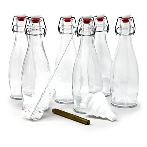 Nevlers Set of 6 | 17 oz Glass Bottle Set with Airtight Swing Top Stoppers | Home Brewing Bottles for Kombucha, Beer, Water Kefir, Limoncello | Includes Bottle Brush, Funnel and Gold Glass Marker