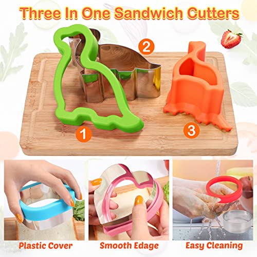 Sandwich Cutter and Sealer for Kids Uncrustables Maker 8PCS Heart Circle Square Dinosaur Shape Cookie Cutters Bread Decruster Pancake Maker DIY Sandwich Cutter for Kids Boys Girls Adults Bento Box