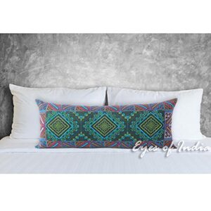 eyes of india embroidered boho bolster throw pillow cover, long lumbar rectangle bohemian cushion case sofa couch, decorative accent bed living room, 14x32 inch (36x80 cm), green purple