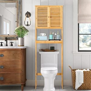 over the toilet storage cabinet, bamboo over toilet shelf organizer with adjustable shelf, 2-door with cupboard, bathroom cabinet with open shelf freestanding tall space saver toilet rack, burlywood