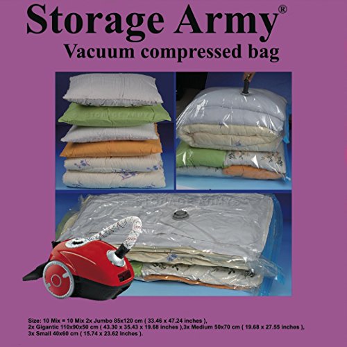 Storage Army [Pack of 10 Mix Storage Bags Jumbo, Small, Medium, Gigantic Sealed Compressed Garment Vacuum Bag Save Space Home Organizer Travel Storage Saver Protects from Water, Odor, Dust, Insects