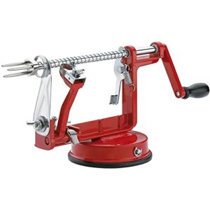 apple peeler corer, long lasting chrome cast magnesium alloy apple peeler slicer corer with stainless steel blades and powerful suction base for apples and potato(red)