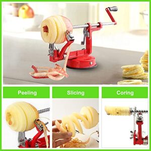 Apple Peeler Corer, Long lasting Chrome Cast Magnesium Alloy Apple Peeler Slicer Corer with Stainless Steel Blades and Powerful Suction Base for Apples and Potato(Red)