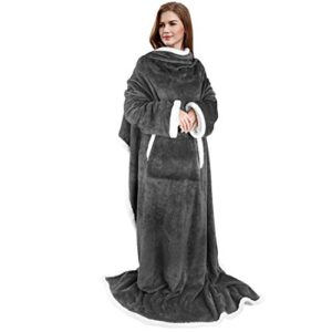 sherpa wearable blanket with sleeves for adult women and men, plush fleece robe tv blanket with pockets for lounge chair couch (gray)