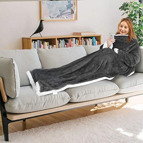 Sherpa Wearable Blanket with Sleeves for Adult Women and Men, Plush Fleece Robe TV Blanket with Pockets for Lounge Chair Couch (Gray)