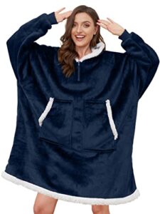 lushforest blanket hoodie, oversized wearable blanket hoodie adult, sherpa fleece hoodie blanket sweatshirt throw with zip for women men dark blue