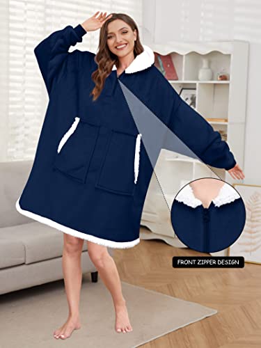 Lushforest Blanket hoodie, Oversized Wearable Blanket Hoodie Adult, Sherpa Fleece Hoodie Blanket Sweatshirt Throw with Zip for Women Men Dark Blue